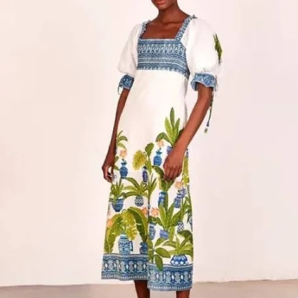 FARM Rio White Maxi Dress with Blue Trim and Green Botanical Print